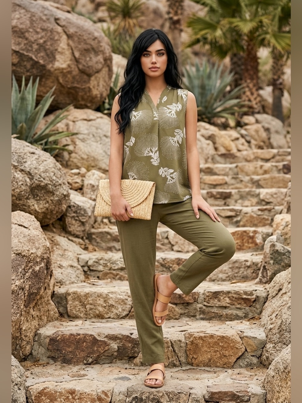 Palmwave Hawaii Olive Green Sleeveless V-Neck Floral Print Top